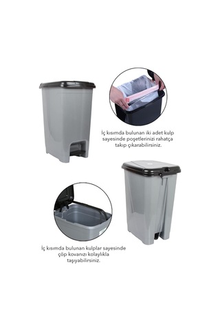 Pedallı Gri Banyo Mutfak Çöp Kovası Siyah Kapaklı Slim Pedallı Çöp Kovası 15 Litre Gri