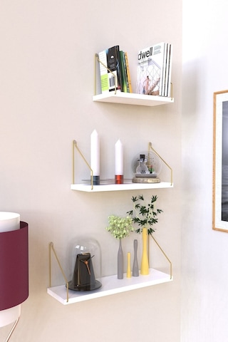 Duvar Rafı 3 Lü Set Kitaplık Mutfak Banyo Yaşam Alanı Gold Kol Diğer