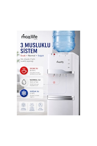 Maxilife PS-SLR-210 Aqua Kompresörlü Su Sebili Sıcak Soğuk Normal Su Alt Dolaplı 3 Musluklu Su Sebili Beyaz