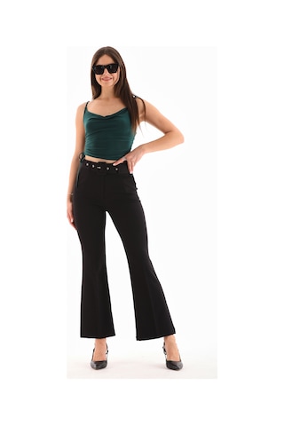 Kemerli Fermuarlı Yanlardan Cepli Geniş Paça Dabıl Kumaş Siyah