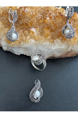 Aysesa İnci Taşlı Markazit Kadın Gümüş Set 2küpe+kolye+yüzük 925 Ayar