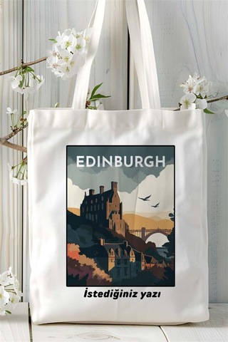 Art Hediye Edinburgh Baskılı Bez Çanta Omuz Çantası Kişiye Özel Desen Çok Renkli