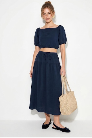 Shade Kadın Balon Kollu Crop Bluz Bağlama Detaylı Pamuklu Müslin Etek Takım Yc2728 60286287 - Lacivert