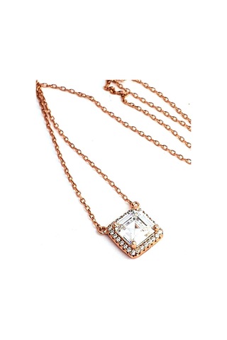 Baget Swarovski Taşlı 925Ayar Gümüş Rose Kare Tek Taş Kolye