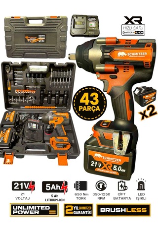 Schmıtzer Sch-9502t Pro 21v 15 Pilli Çift Akülü Kömürsüz Darbeli Vidalama 650 Nm Somun Sıkma Sökme Matkap