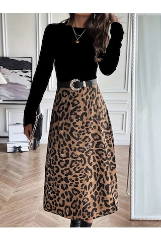 Efnaz Style Kadın Uzun Kollu Bisiklet Yaka Ithal Krep Bluz Alt Desenli Modal Midi Elbise Siyah