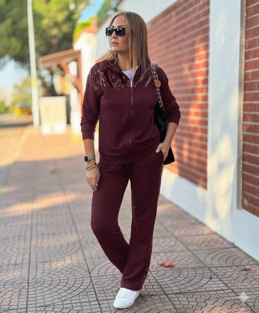 Tua Moda Kadın Uzun Kollu Önden Fermuarlı Pul Payetli Alt Üst Viskon Iki Iplik Takım Bordo