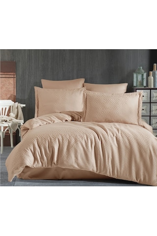 Jakarlı & Saten Çift Kişilik Nevresim Takımı-6 Parça & Geometrik Desen -200x220cm-metis Kapuçino Cappuccino