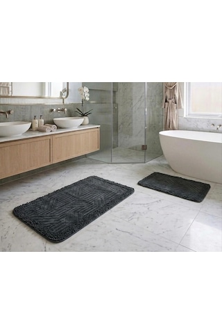 Royam Mevsim Home 2'li Set Banyo Halısı, Paspası %100 Pamuklu Kaymaz Taban Makarna Kenar Antrasit