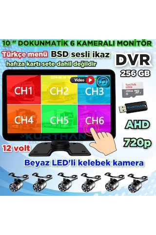 Ahd 720p Rca Beyaz Ledli Kelebek Kamera 6 Kanallı 10 İnç Dokunmatik Usb Bsd Dvr Ekran 12 Volt