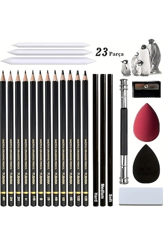 Kara Kalem Çizim Seti, Eskiz Kalem Seti, Dereceli Kalem Set, Kömür Kalem-kutulu 23 Parça