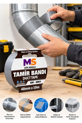 Tamir İzolasyon Bandı Gri 48 Mm X 10 Metre Genel Duct Tape Su Geçirmez Sızdırmazlık Takviye Bantları
