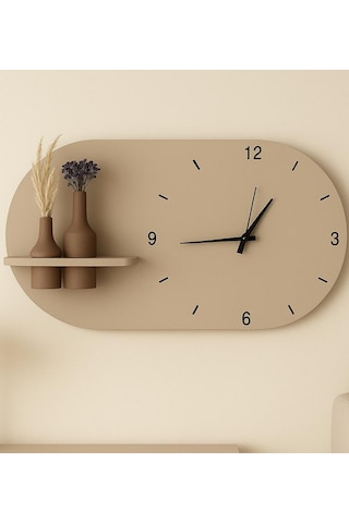 Modern Tasarım Raflı Nera Duvar Saati 75x45 Bej