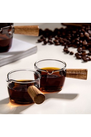 Ranyeek Cam Kafe Süt Ölçü Kasesi - Ahşap Saplı, Ölçü Çizgili, Ev Kullanıma İdeal Sütluk Diğer