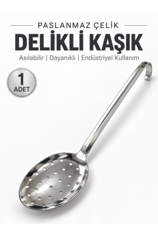 Beylini Endüstriyel Sanayi Tipi Delikli Kaşık Paslanmaz Çelik Okul Lokanta Tipi Kulplu Süzgeçli Kaşık Asılabilir No3 Gri