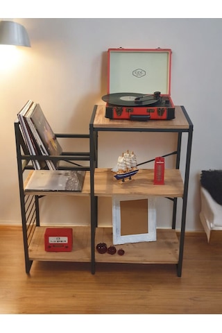 Plak Standı Metal Gövdeli Ahşap Raflı Pilak Köşesi Dresuar Siyah