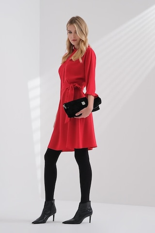 Explosion Minimalist Midi Abiye Elbise - 3/4 Kol, Kemerli, Günlük & Ofis Kırmızı