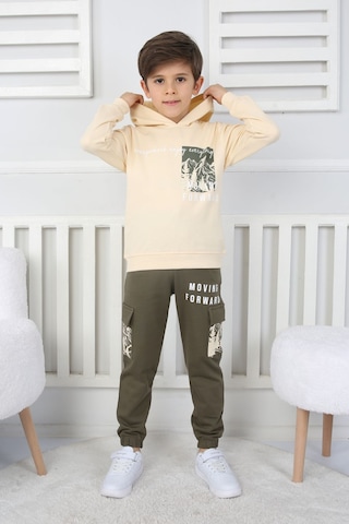 Moving Forward Kargo Cep Kapüşonlu 2 İplik Şardonlu Alt-üst Erkek Çocuk Eşofman Takımı Ekru