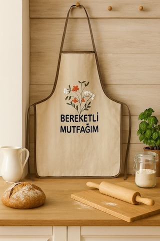 Bereketli Mutfağım Nakışlı Keten Yıkanabilir Mutfak Önlüğü Standart Beden 1 Adet 50x70 Cm Bej