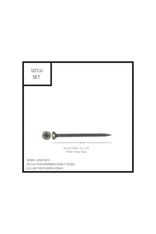 Dübel-vida Seti, Performans Roket Dübel 10 Mm, 6,0x80 Yhb Sunta Vidası, 10 Adet