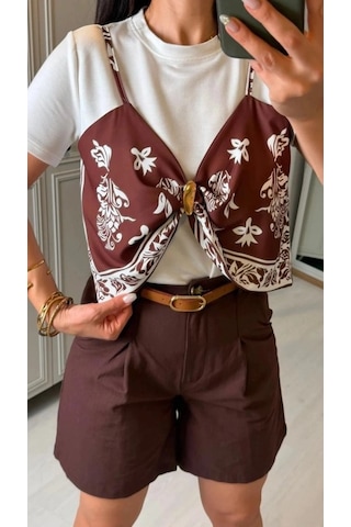 DefyModa Kadın Şal Desen Detay Bluz Ve Keten Şort Ikili Takım Kahverengi