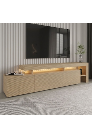 Beliz Modern Led Işıklı 3 Kapaklı, Raflı Tv Sehpası 192 Cm Sıcak Meşe/safir Meşe