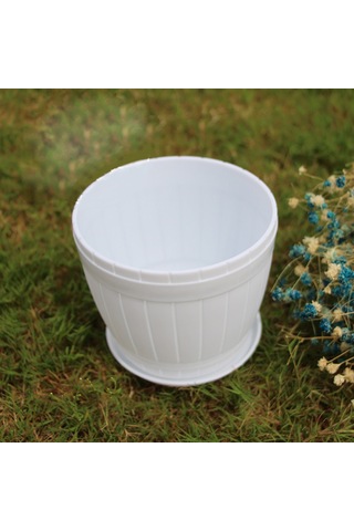 Sones 10 Adet Taklit Ahşap Fıçı Plastik Reçine Saksı Tepsili, Üst Çap: 16cm, Yükseklik: 13.5cm Beyaz