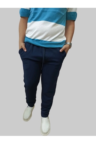 Erkek Beli Lastikli Bağcıklı Çakıl Taşlı Patlı Lacivert Jogger Pantolon Lacivert