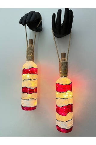 Heykel El Dekorlu Led Işıklı Kırmızı Vitray Cam Şarap Şişesi Apli Çok Renkli