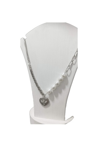 Kadın Çelik İncili Farklı Zincir Detaylı Kalp Kolye Gümüş Renk Çelik