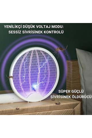 Polham 1200mah Şarjlı 3000v Katlanabilir Ultra Güçlü Sinek Ve Sivrisinek Öldürücü, 3in1 Askılı Standlı