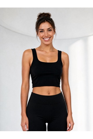 Nealirsanall.com Kadın Tencel Göğüs Kaplı Crop Atlet - Kare Yaka Krop Top Siyah