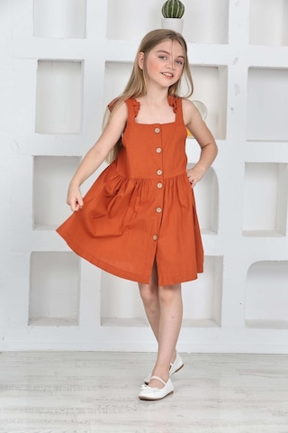 Kız Çocuk %100 Pamuk Keten Elbise 12197 Kiremit