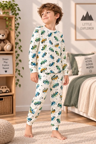 Free Beka Araba Desenli Bisiklet Yaka %100 Pamuklu İnterlok Kumaş Erkek Çocuk Uzun Kollu Pijama Takımı Yeşil