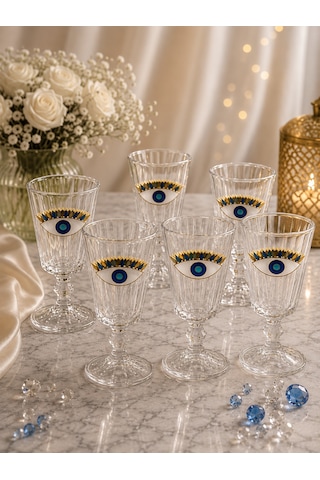 6 Lı Kristal Cam Kahve Yanı Bardağı Nazar Göz Bardak Flüt 75ml Şeffaf