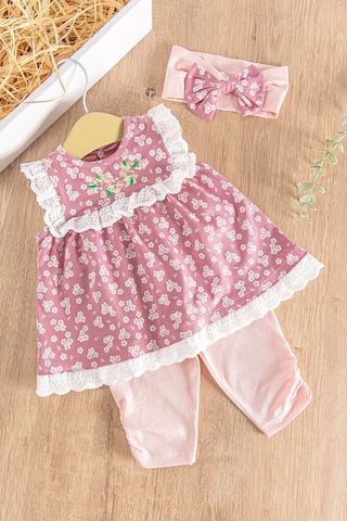 Babymod Çiçek Desenli Bandanalı 3'lü Kız Bebek Elbiseli Takım 001