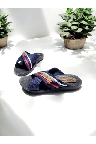 Gezer Erkek Çapraz Bant Rahat Taban Ev Ve Dışarı Terliği Lacivert - Kırmızı - Beyaz