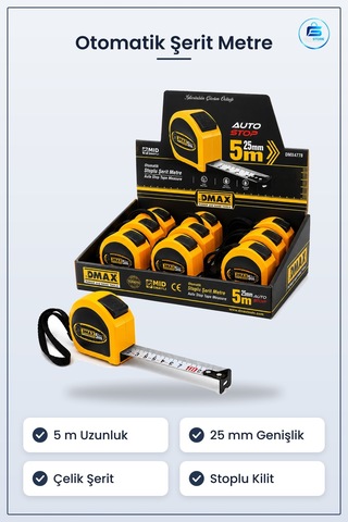 Şerit Metre 5m X 25mm Otomatik Çelik Stoplu Ölçüm Aleti Kompakt M 5 M