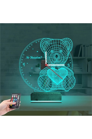 Luvivia Ayıcık Kalp Tasarım Kişiye Özel Saatli 3d Lamba - Masa Gece Lambası Şeffaf