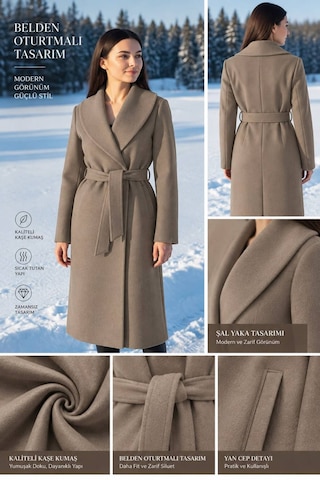 Moda Banuş Kadın Kuşaklı Cepli Yırtmaçlı Astarlı Kaşe Açık Camel Kahve Kaban Kahverengi Kahverengi