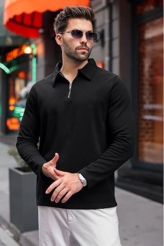 Madmext Siyah Yarım Fermuarlı Polo Yaka Dokulu Erkek Sweatshırt E7197