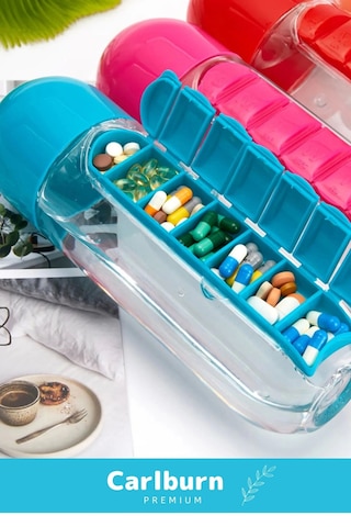 Özel Üretim Hap Bölmeli İlaç Kutusu %100 Bpa İçermez Pillbox Su Matarası 600 Ml Suluk Çok Renkli
