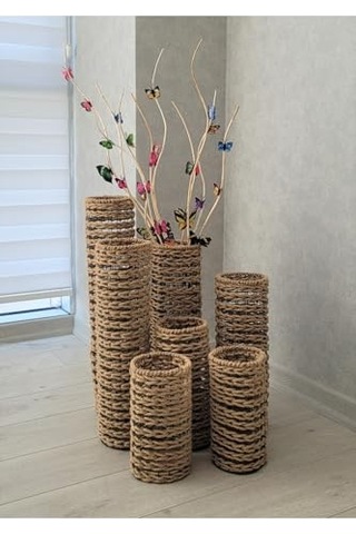 Hasır Örgü Vazo, 25 Cm, Doğal, Dekoratif Çiçeklik Diğer