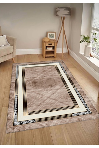 STY Home Krem Kahverengi Dijital Baskı Salon Halısı Kaymaz Tabanlı Yıkanabilir Halı Yolluk9 Kahverengi