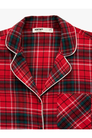 Koton Pamuklu Uzun Kollu Gömlek Yaka Yılbaşı Desenli Ekoseli Pijama Üstü Kırmızı Ekose 6wlk50051mw Kırmızı Ekoseli