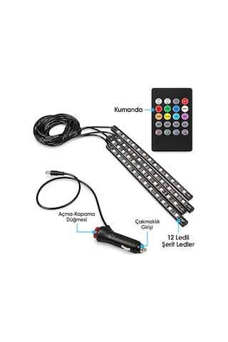 Rgb Ayak Altı Led Ambiyans Aydınlatma Seti 4'lü 12v Kumandalı Müzik Sensörlü Araç İçi Led