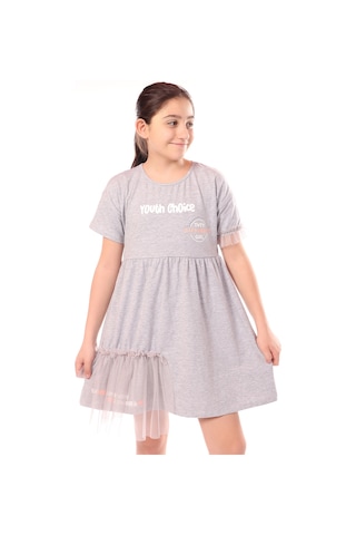 Toontoy Kız Çocuk Youth Choice Baskılı Tüllü Elbise Gri Melanj
