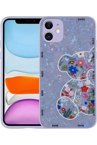 Apple Uyumlu iPhone 12 Kılıf Desenli Sert Silikon Zore Mumila Kapak Lilac Bear