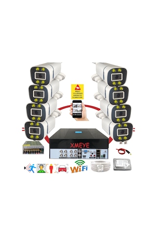 Bises 8 Li Araç Yüz Ve İnsan Tanımalı Hareket Algılayan 5 Mp Lens 4 Warm Led Gece Renkli Gösteren Güvenlik Kamera Seti Bs604w