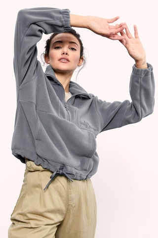 Tommy Life Gri Melanj Yarım Fermuar Etek Ucu Büzgülü Kadın Polar Oversize Sweatshirt - 97171 Gri Melanj